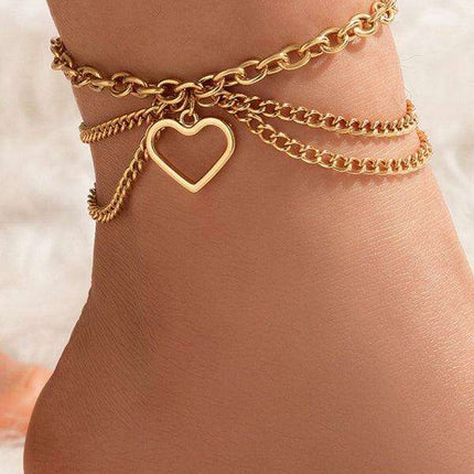 Serpent Heart Charm Triple-Layered Anklet with Elegant Tassel