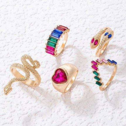 Serpent's Embrace: Opulent Five-Piece Ring Jewelry Set