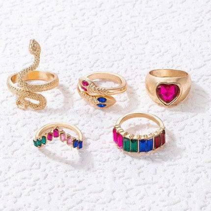 Serpent's Embrace: Opulent Five-Piece Ring Jewelry Set