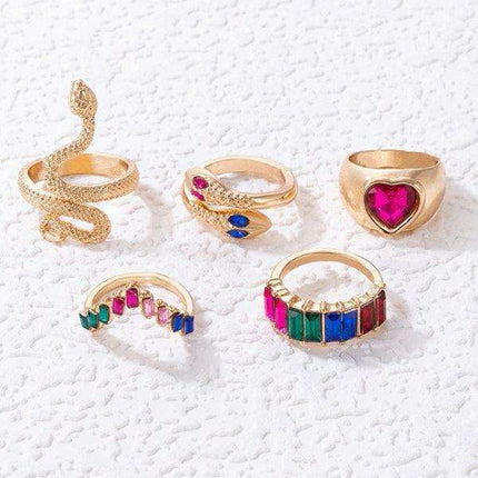 Serpent's Embrace: Opulent Five-Piece Ring Jewelry Set