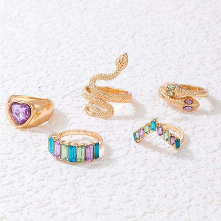 Serpent's Embrace: Opulent Five-Piece Ring Jewelry Set