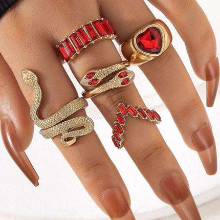 Serpent's Embrace: Opulent Five-Piece Ring Jewelry Set