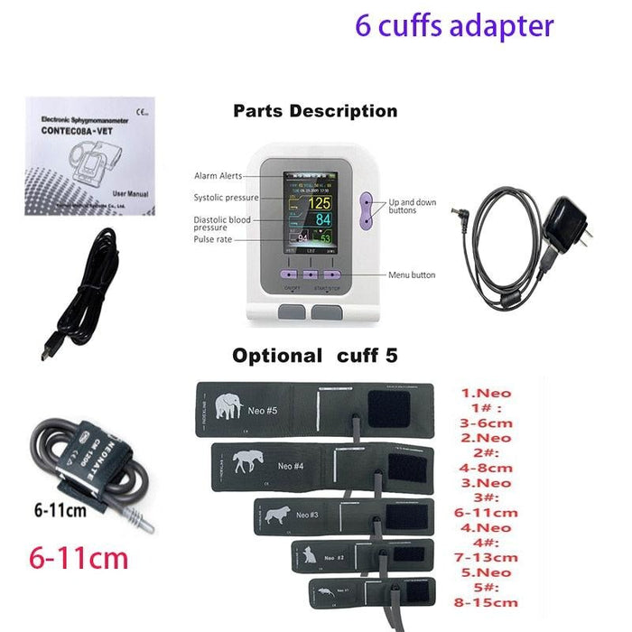 CONTEC08a Vet Animal Blood Pressure Detector Can Be Equipped With Blood Oxygen Function Probe And Cuff Of Various Sizes-0-Très Elite-China-6 cuffs adapter-Très Elite