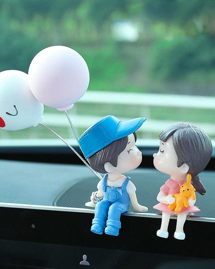 Charming Balloon-Bearing Cartoon Couple Dashboard Decor for Your Vehicle