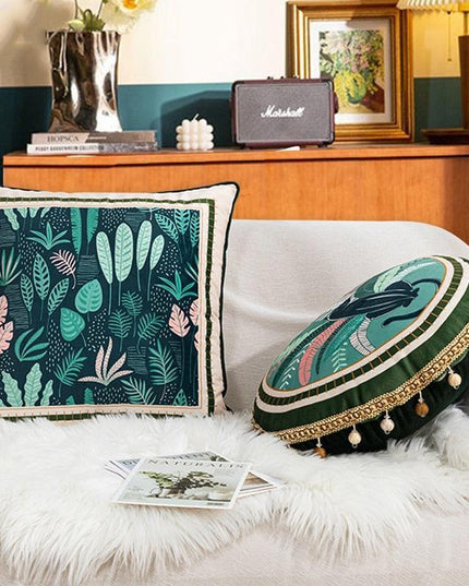 Reversible Velvet Cushion Cover with Lush Greenery and Moss Motif