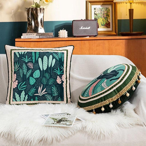 Green Foliage Reversible Velvet Cushion Cover with Moss Print