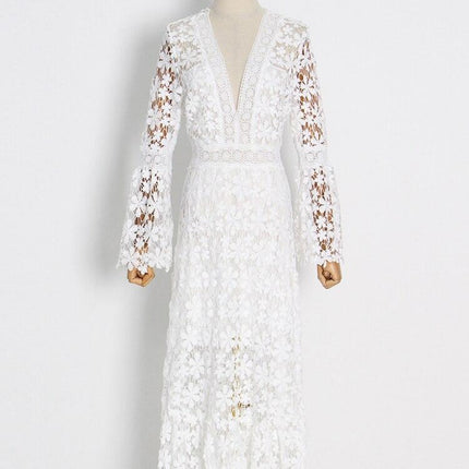 Chic Backless Midi Dress with Flare Sleeves | Women's Sophisticated V-Neck High Waist Fashion