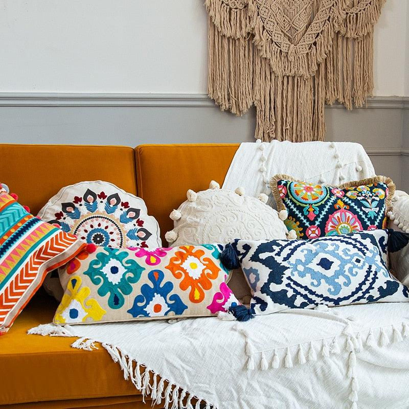 Ethnic Sofa Cushion Cover Decorative Pillows Covers Flower Embroidered Boho Long Cushions 60*30 for Bedroom Sofa Lumbar Pillows-0-Très Elite-30x50cmCushion cover-Très Elite
