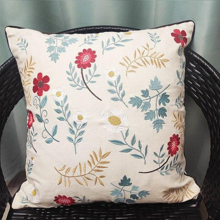 Chic European Garden Floral Embroidered Cotton Cushion Cover - Classic Home Decor Accent