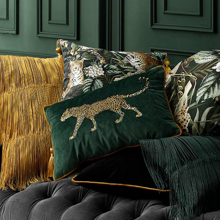 Golden Leopard Embroidered Green Velvet Cushion - Vintage Elegance Collection