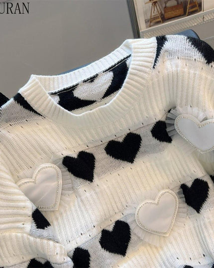 Elegant Heart Jacquard Knit Sweater - Luxury Edition with Ruffled Accents and Sparkling Details