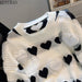 Luxe White Love Heart Jacquard Sweater: Exquisite Ruffles & Diamonds