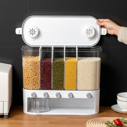 Sleek Wall-Mounted 5-Grid Rice Dispenser - 12L Capacity in Elegant White