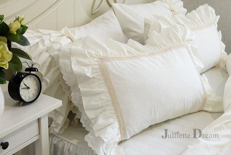 White Satin Lace Ruffle Pillow Cover Set - Luxury European Elegance for Your Bedroom