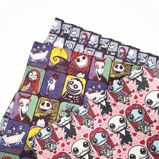 Cartoon Jack and Sally Print Faux Leather Sheet - A4 Size