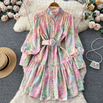 Chic Vintage Floral Midi Dress with Turtleneck and Elegant Lantern Sleeves