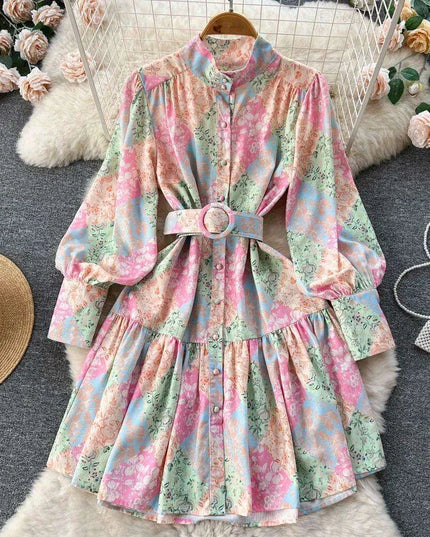 Chic Vintage Floral Midi Dress with Turtleneck and Elegant Lantern Sleeves