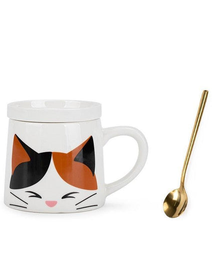 Adorable Cat-Inspired Ceramic Mug Set with Matching Spoon and Lid