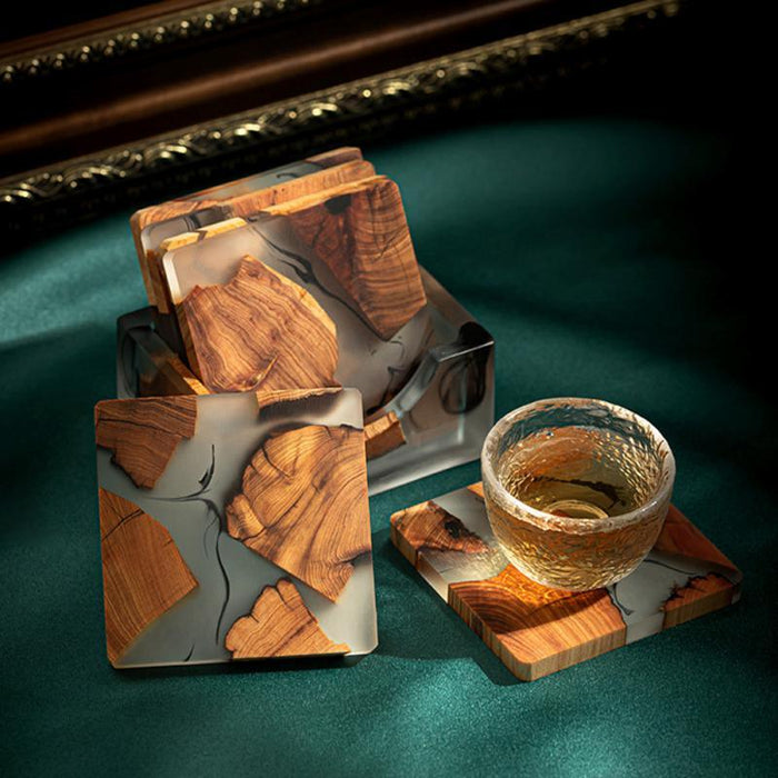 Japanese Ink Splashed Wooden Tea Coasters Set - Elegant Tea Ceremony Insulation Pads - Pack of 6