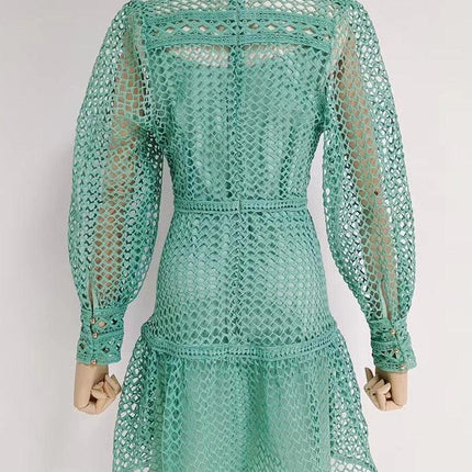 Elegant Lantern Sleeve Vintage Dress with Chic Stand Collar