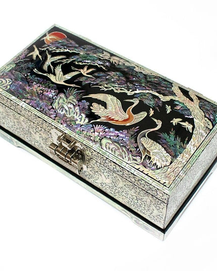 Elegant Crane and Shell-Inlaid Jewelry Organizer with Mirror