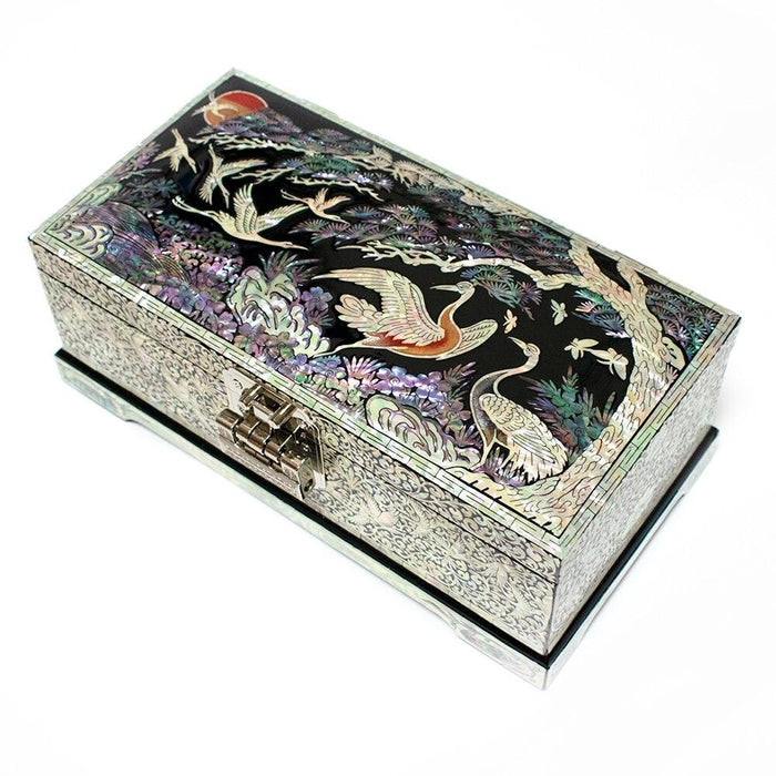Mother of Pearl Jewelry Box with Cranes and Abalone Shell Inlay