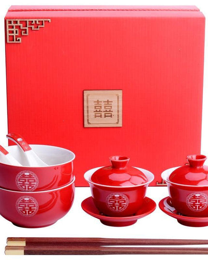 Elegant Red Ceramic Chinese Wedding Tea Ceremony Set - Exquisite Teapot and Teacups for Memorable Celebrations