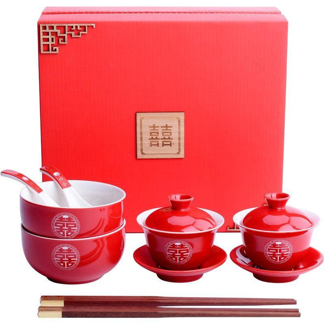 Elegant Red Ceramic Chinese Wedding Tea Ceremony Set - Exquisite Teapot and Teacups for Memorable Celebrations