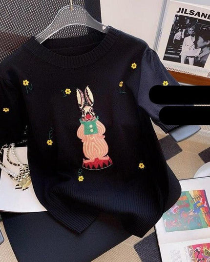 Stylish Black Anime Embroidered Short Sleeve Knit Tee for Women