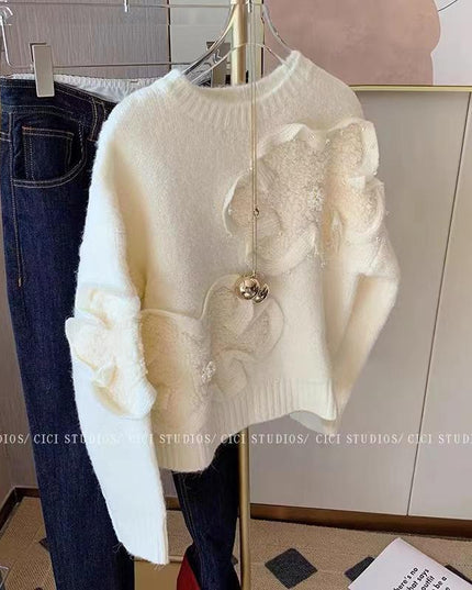Floral Elegance Cozy Knit Pullover: Korean-Inspired Fashion for Autumn-Winter