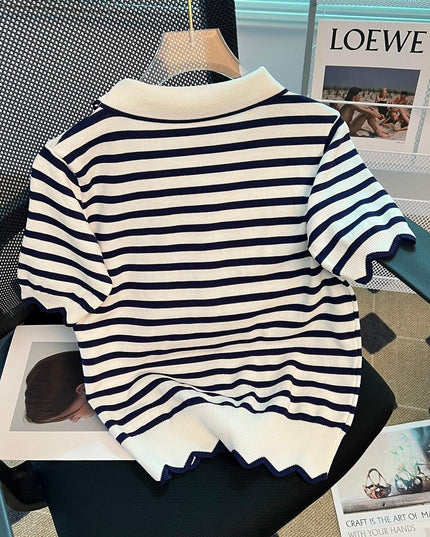 Elegant Striped Summer Knit Top with Bowtie Detail - Lightweight and Stylish