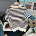 Striped Summer Knit Pullover for Women with Bowtie Accent - Stylish Short Sleeve Top