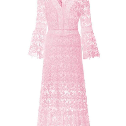 Chic Backless Midi Dress with Flare Sleeves | Women's Sophisticated V-Neck High Waist Fashion