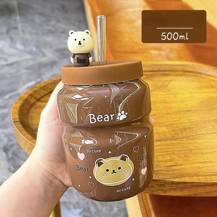 Charming Ceramic Cartoon Straw Cup - 500ml Capacity for Home or Office