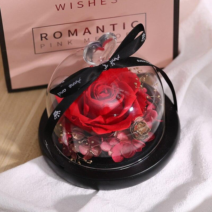 Eternal Love Radiance: Enchanted Real Rose in Glass Dome with Glowing Lights - Eternal Rose Beauty: Symbol of True Love and Elegance