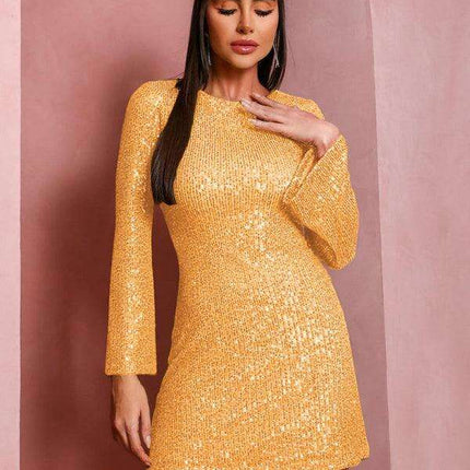Shimmering Sequin Drop Shoulder Bell Sleeve Dress for Effortless Elegance - Très Elite