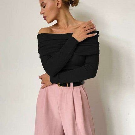 Sleek Contour Neckline Fitted Long-Sleeve Knit Sweater