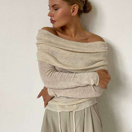 Sleek Contour Neckline Fitted Long-Sleeve Knit Sweater