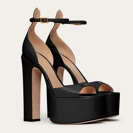 Sleek Patent Leather Chunky Heel Party Sandals - Women's Fashionable Peep Toe Pumps - Très Elite