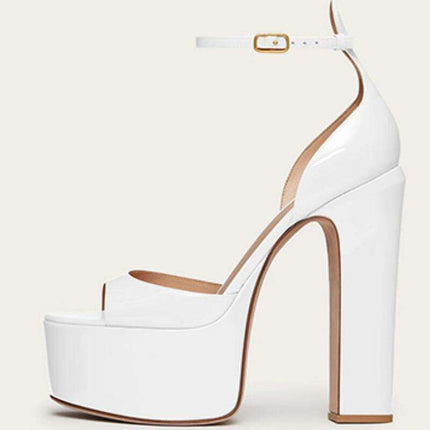 Sleek Patent Leather Chunky Heel Party Sandals - Women's Fashionable Peep Toe Pumps - Très Elite