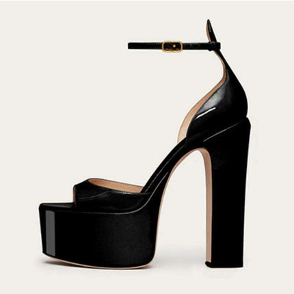 Sleek Patent Leather Chunky Heel Party Sandals - Women's Fashionable Peep Toe Pumps - Très Elite