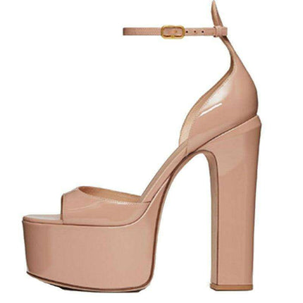 Sleek Patent Leather Chunky Heel Party Sandals - Women's Fashionable Peep Toe Pumps - Très Elite