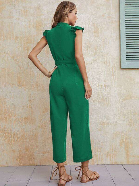Sleek Solid V-Neck Jumpsuit with Statement Sleeves - Elevate Your Style