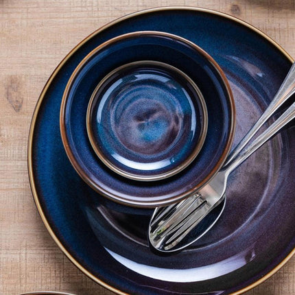 Sophisticated Blue Glazed Ceramic Dining Collection with Complementary Salad and Soup Bowls - Très Elite