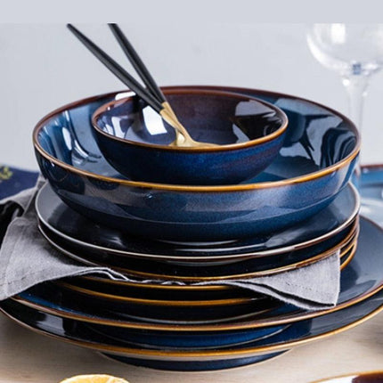 Sophisticated Blue Glazed Ceramic Dining Collection with Complementary Salad and Soup Bowls - Très Elite
