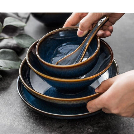 Sophisticated Blue Glazed Ceramic Dining Collection with Complementary Salad and Soup Bowls - Très Elite