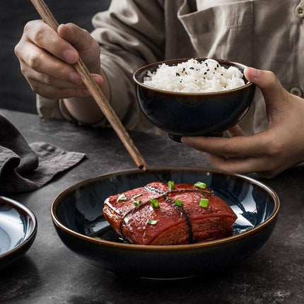 Sophisticated Blue Glazed Ceramic Dining Collection with Complementary Salad and Soup Bowls - Très Elite