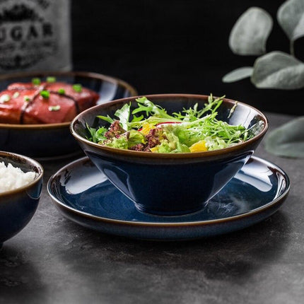 Sophisticated Blue Glazed Ceramic Dining Collection with Complementary Salad and Soup Bowls - Très Elite