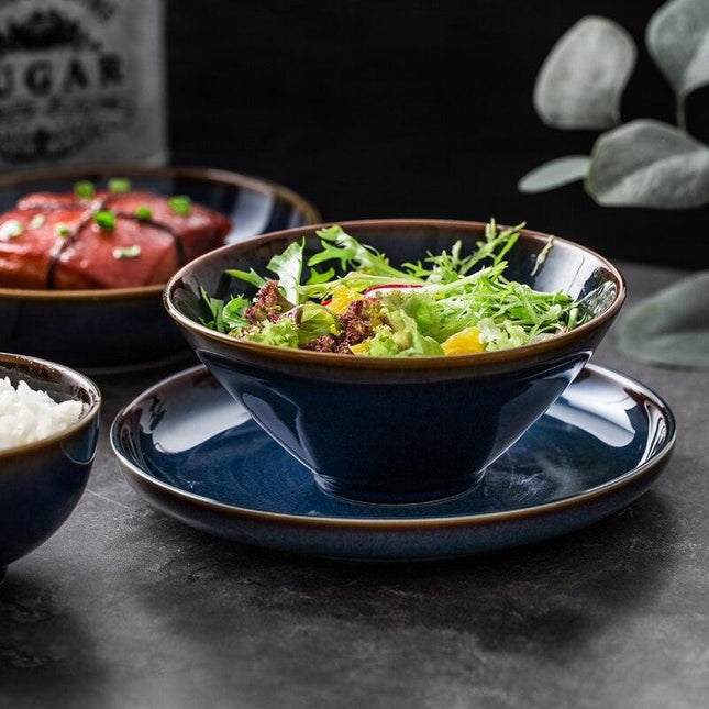 Sophisticated Blue Glazed Ceramic Dining Collection with Complementary Salad and Soup Bowls