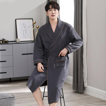 Sophisticated Comfort: Three-Layer Grey Cotton Men's Bathrobe for Winter Relaxation.